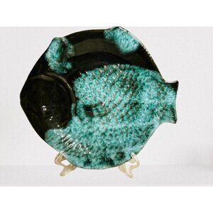 Vintage Green & Black Fish-Shaped Ceramic Plate By Evangeline Canada